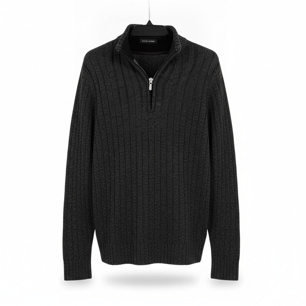 Michael Brandon Men's Dark Gray Ribbed Quarter Zip Mock Neck Pullover Sweater Si